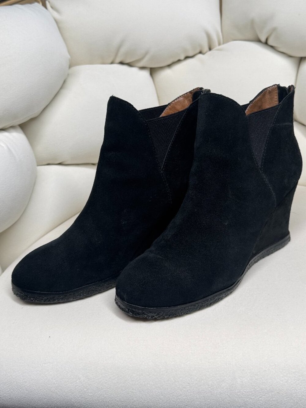 BETTYE MULLER Black Suede Back Zip Wedge Ankle Boots Size 7